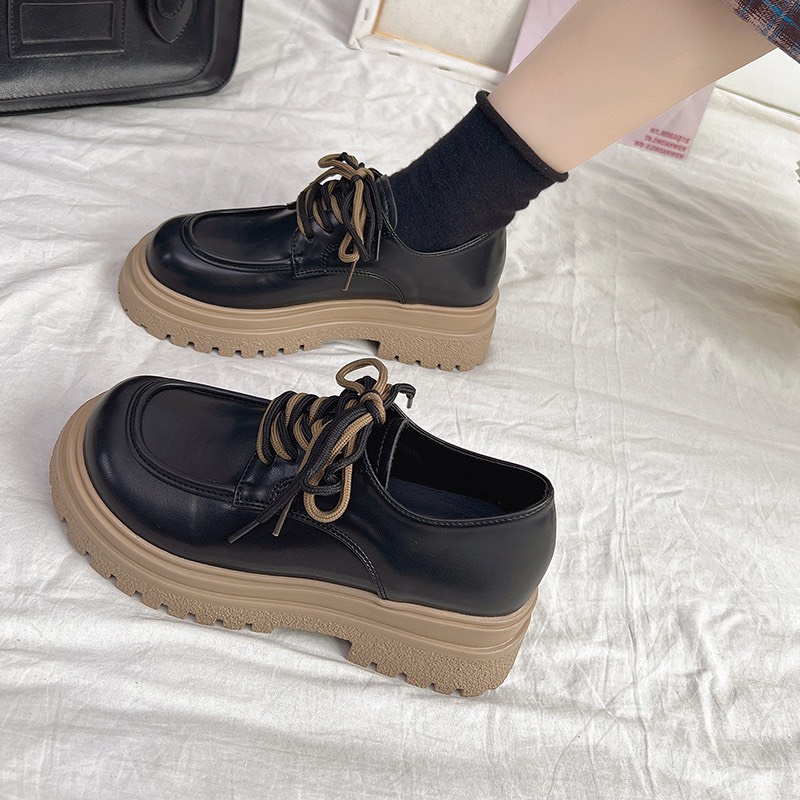 Giày oxford nữ MIL  đốc thời trang kiểu dáng lolita chất da phối dây kÉp đế răng cưa 4 cm màu trắng kem/đen