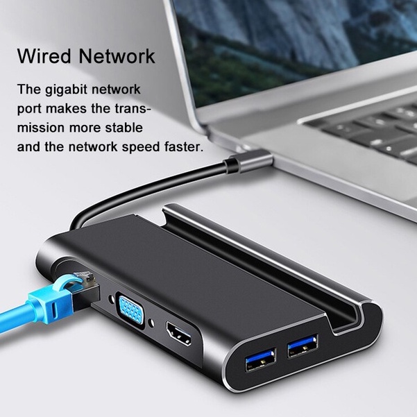 HUB Kiêm Dock Type-C Ra HDMI,VGA,LAN,3 Cổng USB 3.0 Hỗ Trợ Power Delivery