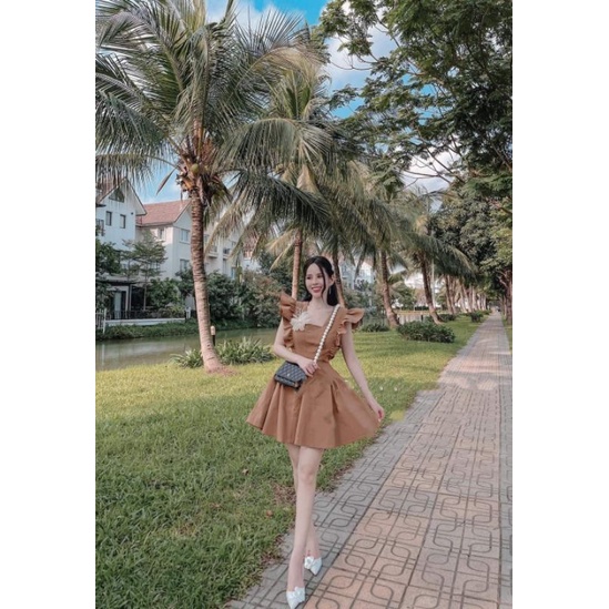 Đầm dạo phố màu nâu đất cổ V cánh tiên xinh xắn, dịu dàng Luna Dress