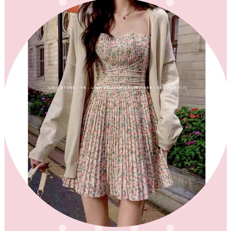 Set Váy Hoa Tinh Khôi Kiểu Pháp Thắt Eo Nhẹ Nhàng