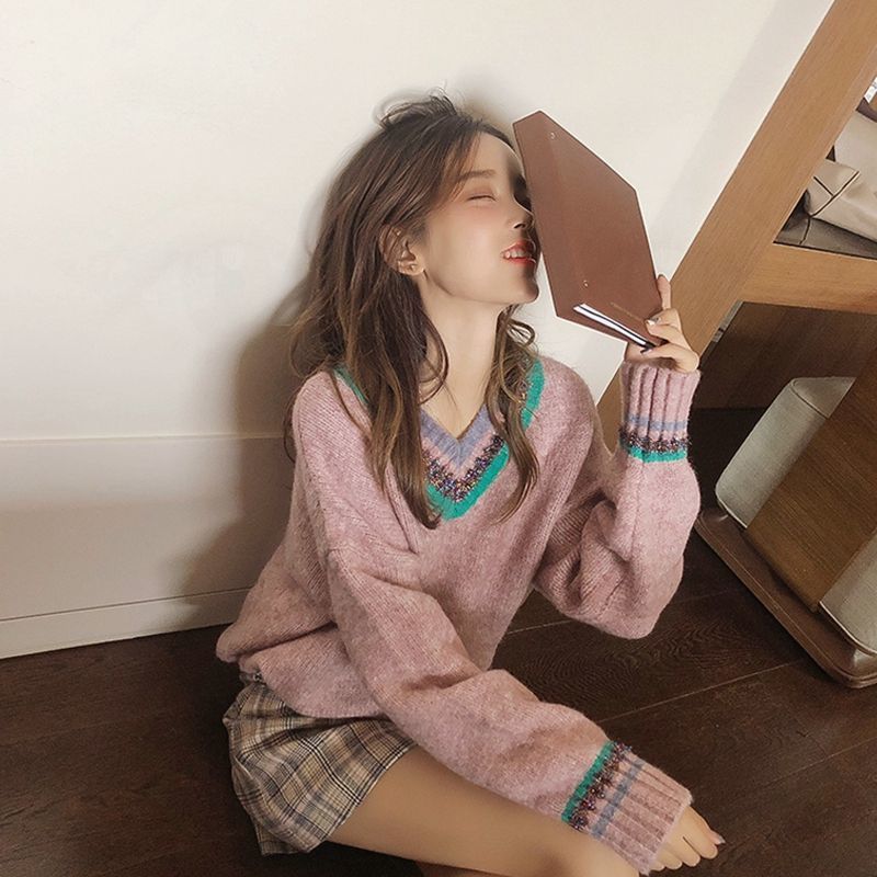 Áo Sweater Dáng Rộng Cổ Chữ V Xinh Xắn Thời Trang Thu Đông Dành Cho Nữ