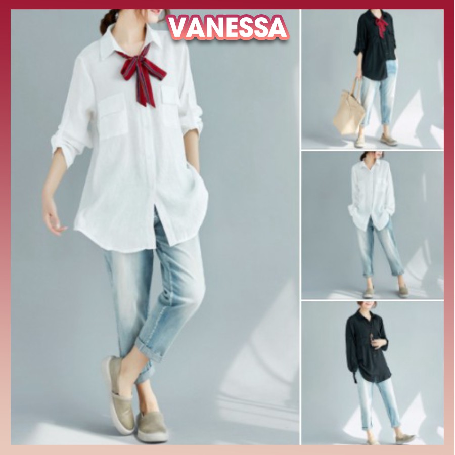 Áo sơ mi nữ form rộng tay dài, chất liệu đũi tơ mềm mát, thấm mồ hôi, áo nữ đẹp Vanessa Stylish SMH.47