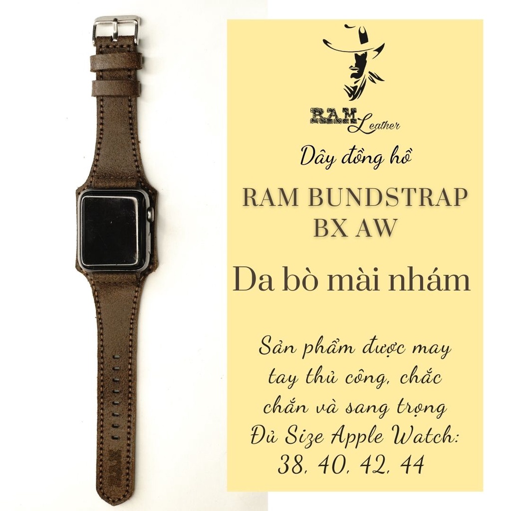 Dây apple watch da bò handmade bền chắc cực đẹp RAM Leather bx mài nhám - tặng khóa chốt và adapter