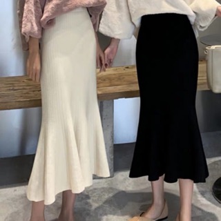 (Ảnh thật) chân váy len tăm lưng cao dáng dài xoè đuôi cá tôn dáng tiểu thư ulzzang