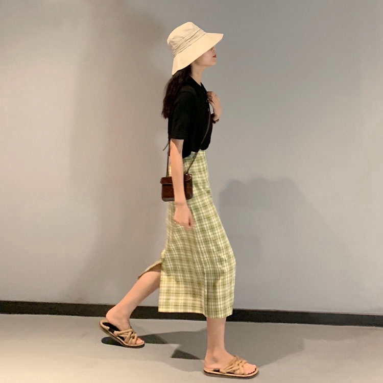 SUXI Chân váy dài họa tiết ca rô phong cách Hàn Quốc thanh lịch dành cho nữ