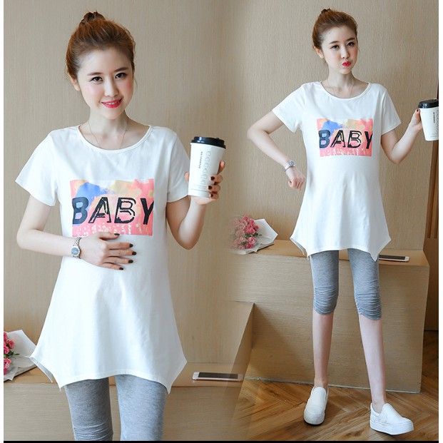 A100 Áo bầu thun ngắn tay in chữ BABY khoét kiểu đẹp giản dị