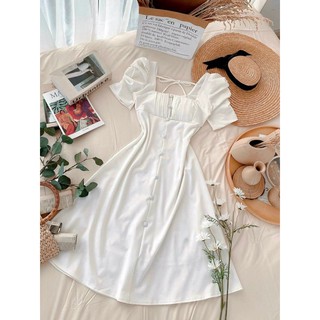 Đầm cổ vuông đỏ trắng nude