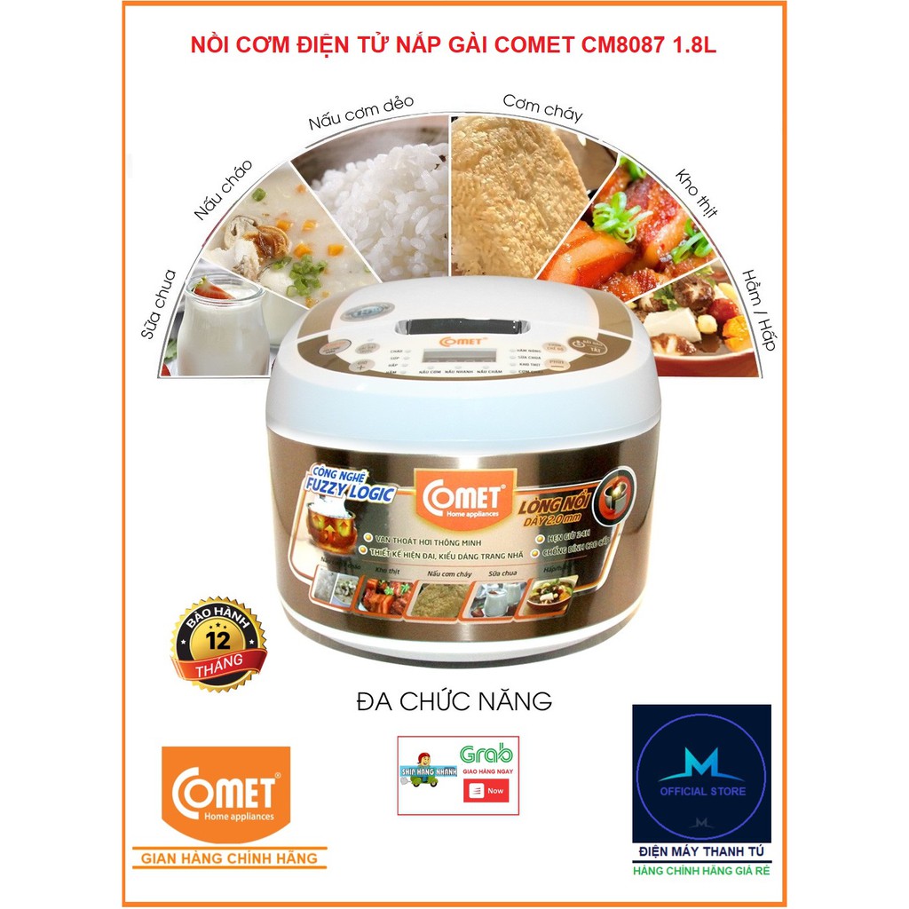 CM8087 - NỒI CƠM ĐIỆN TỬ NẮP GÀI 3D COMET 1.8L (5-6 NGƯỜI ĂN) BẢO HÀNH CHÍNH HÃNG 12 THÁNG