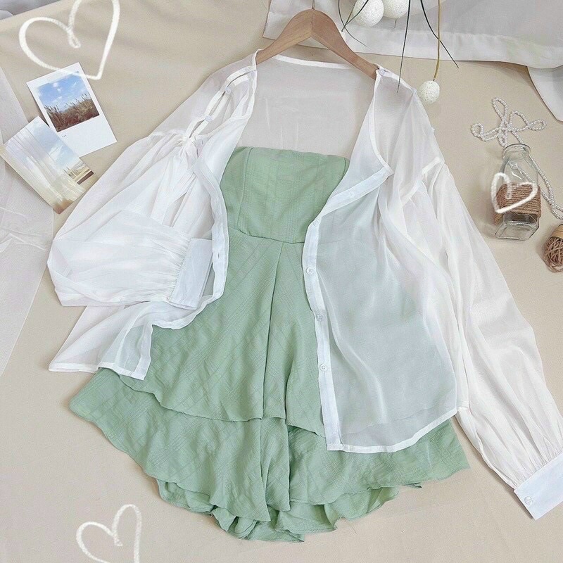 Set Đầm Cúp Xanh Mint, Đen, Hồng + Áo khoác trắng kèm ảnh thật trải sàn