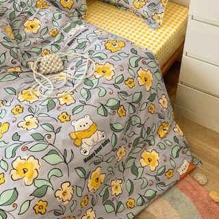 Bộ Drap & Chăn Phao Cotton Poly Gấu Hoa