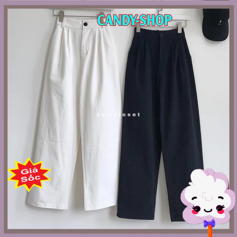 Quần Kaki Nữ Ống Suông Rộng Lưng cao Bigsize màu Trắng Đen hot trend candy-shop.