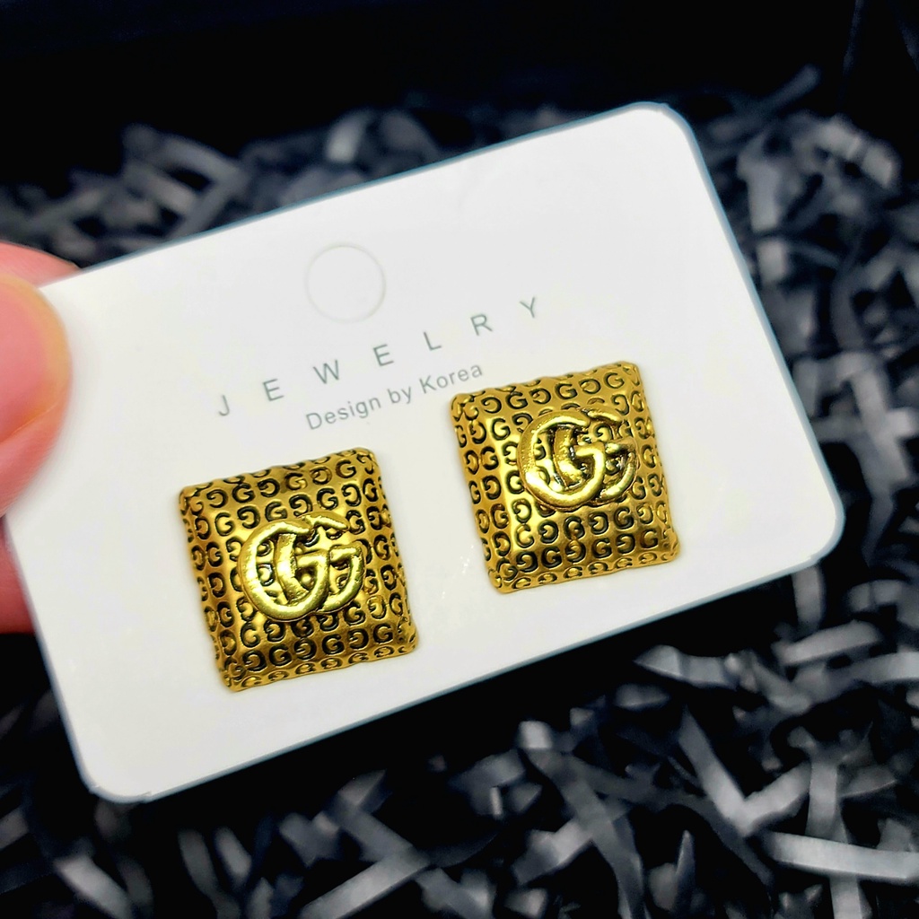 Khuyên tai nữ thương hiệu GG mạ vàng khối vuông khắc chữ G sang trọng TB485