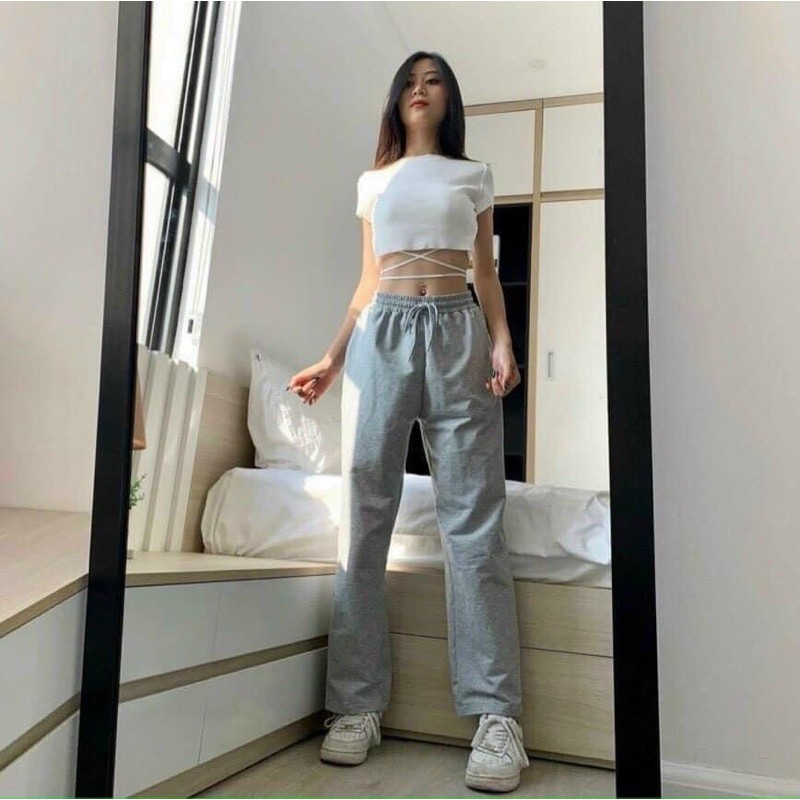 Set áo croptop & quần suông xám