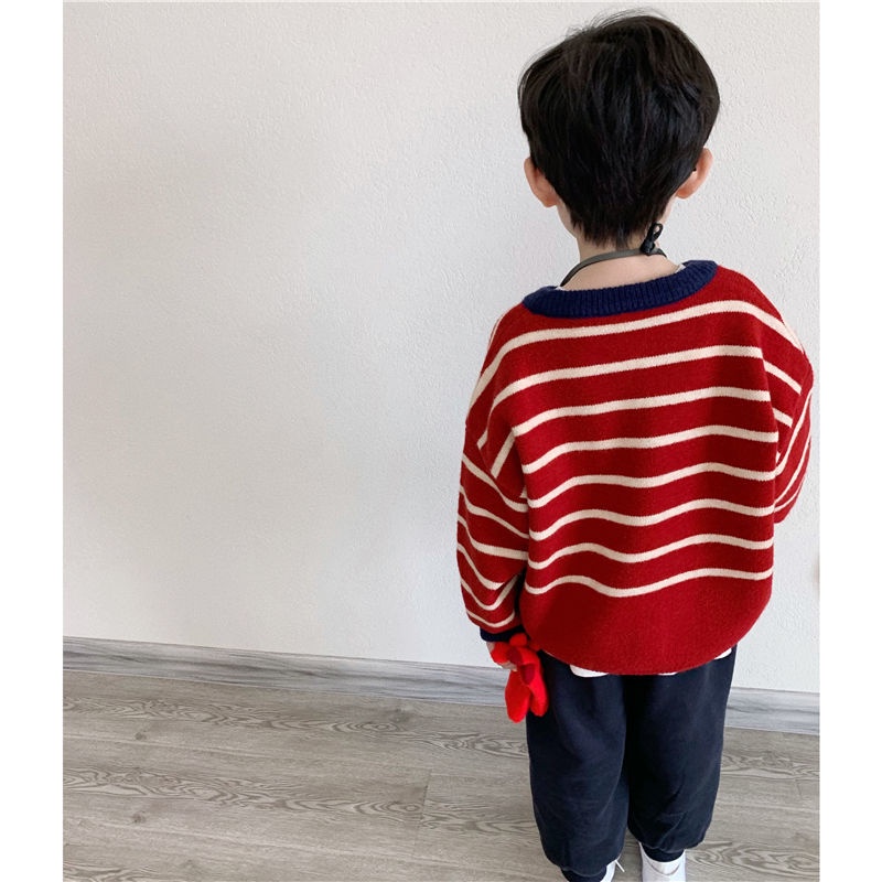 Áo Khoác Cardigan Dáng Rộng Họa Tiết Kẻ Sọc Màu Đỏ Thời Trang Thu Đông Năm Mới Xinh Xắn Cho Bé Trai Và Gái