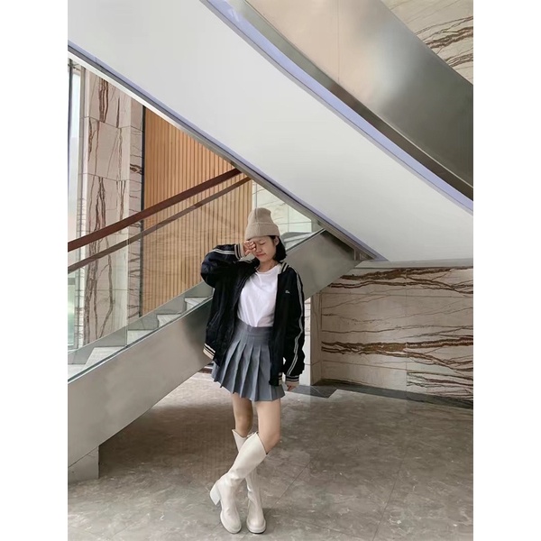 Giày boots nữ da lì cao cổ chữ V đế ulzzang