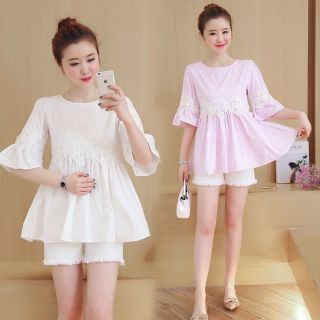Sét bộ đồ bầu quần sóc và áo phối hoa hời trang.