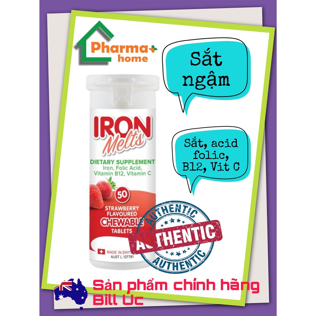 Iron Melts - Bổ sung Sắt, Acid Folic, Vitamin B12 Và Vitamin C, 50 viên ngậm