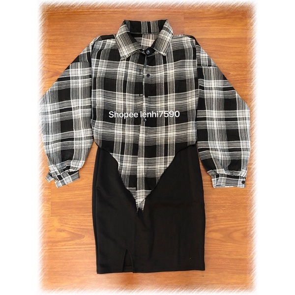 Set đầm dây body kèm áo khoác sơ mi caro giá rẻ