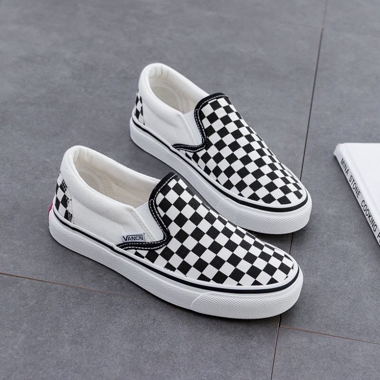 Giày lười nam nữ loại đẹp full box - Giày thể thao Slip On Vans Caro kẻ sọc đen trắng cá tính ulzzang, đế êm lót da D9 | WebRaoVat - webraovat.net.vn