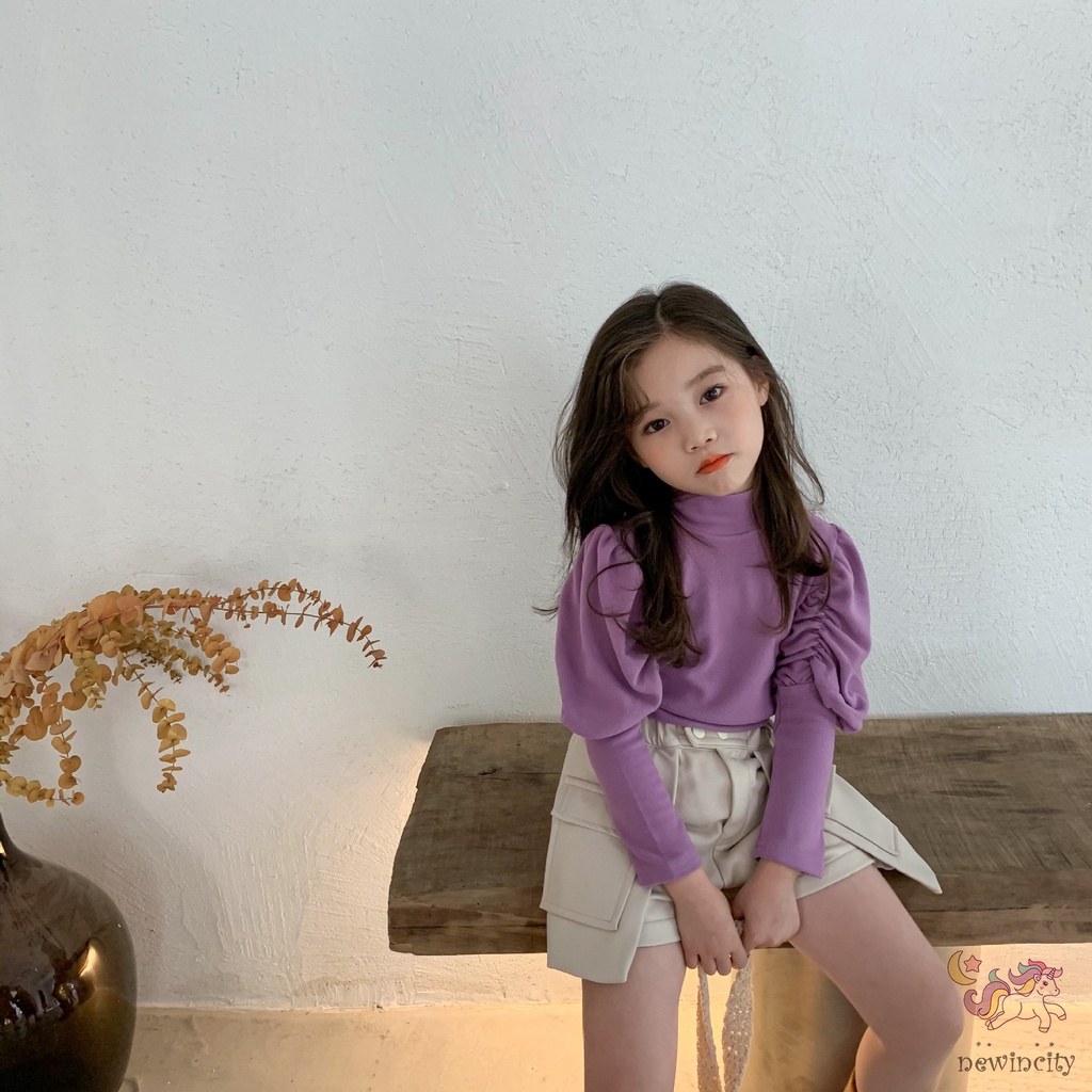 Áo sơ mi cổ cao tay phồng màu sắc trơn phong cách Hàn Quốc cho bé gái chất lượng cao