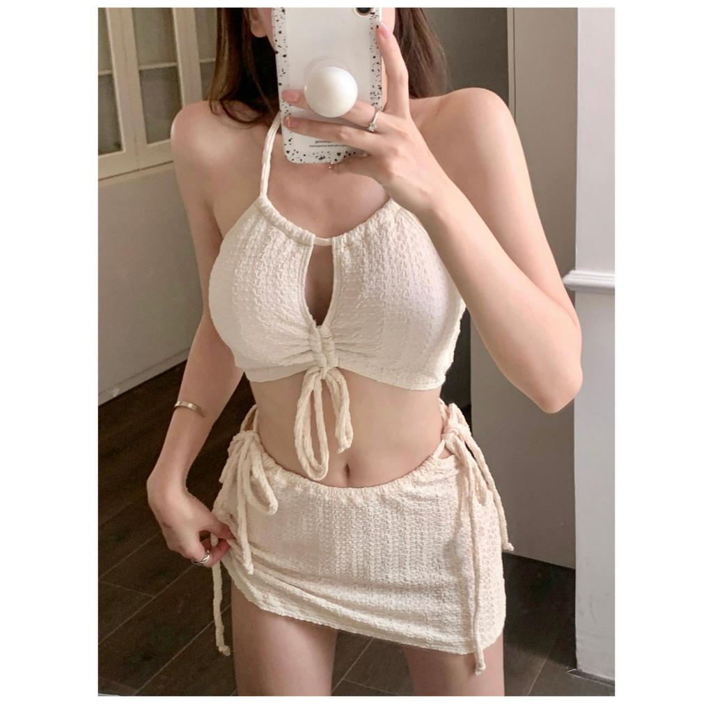 Bộ bikini đồ bơi nữ đi biển 2 mảnh màu kem tôn dáng mix chân váy rời
