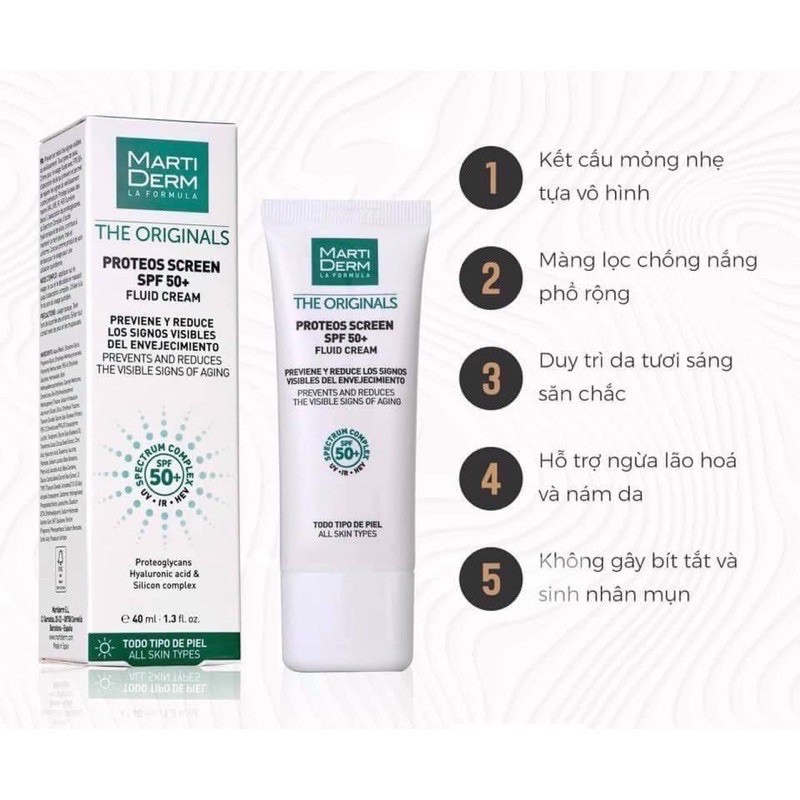 Kem Chống Nắng MartiDerm The Originals Proteos Screen SPF50+ Fluid Cream 2ml