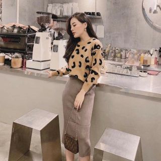 Bán sỉ set áo da báo kèm chân váy len nâu