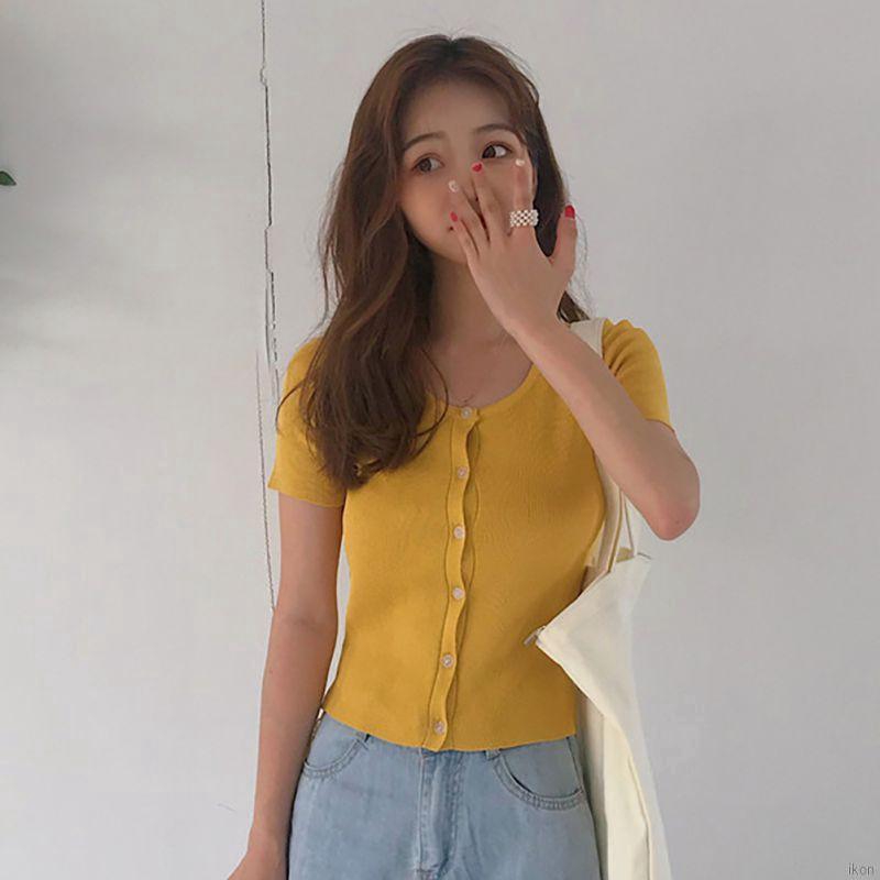 Áo thun len lưng cao tay ngắn cổ vuông