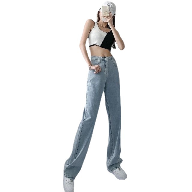 DUNEA Quần jean ống rộng lưng cao màu sáng thời trang cho nữ