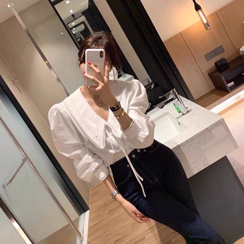 Áo sơ mi nữ viền ren tiểu thư dài tay bo chun màu trắng đi làm đi chơi đẹp sang chảnh sành điệu M16 Thutranghouse