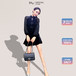 Đầm đen dáng xòe cổ tàu nữ tay dài Emilyshop