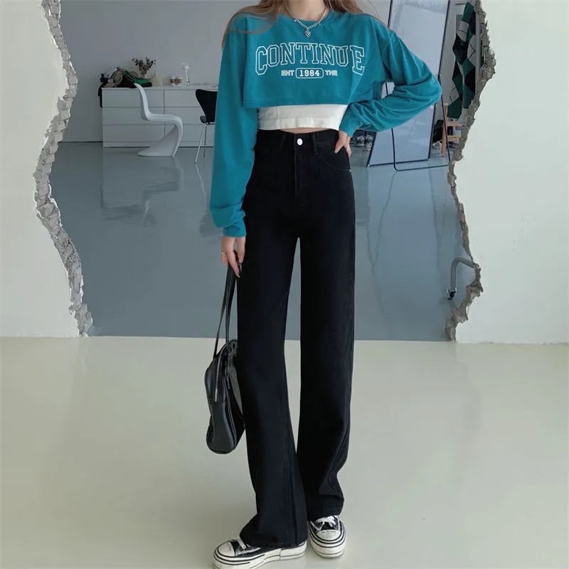 Quần Jeans Nữ Ống Suông Màu Đen Trơn Cạp Cao Phong Cách Ulzzang Basic Chất Đẹp Loại 1 Mềm Tay Co Dãn Nhẹ Mặc Hàng Ngày