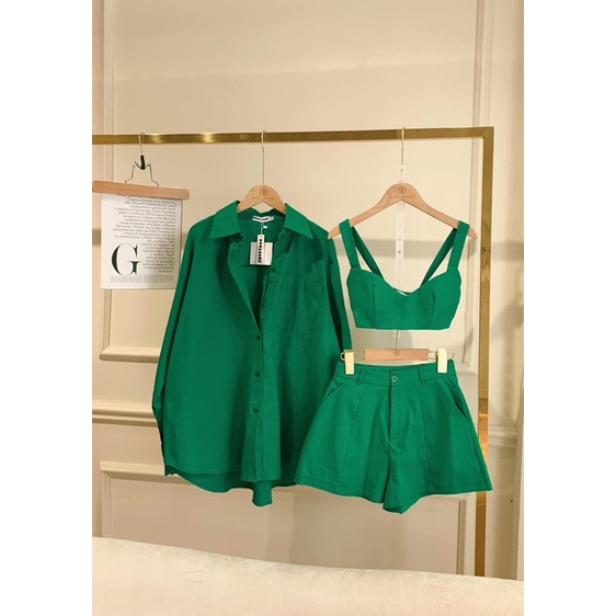 Set 3 món cực cá tính áo sơ mi phối áo dây croptop kèm quần short