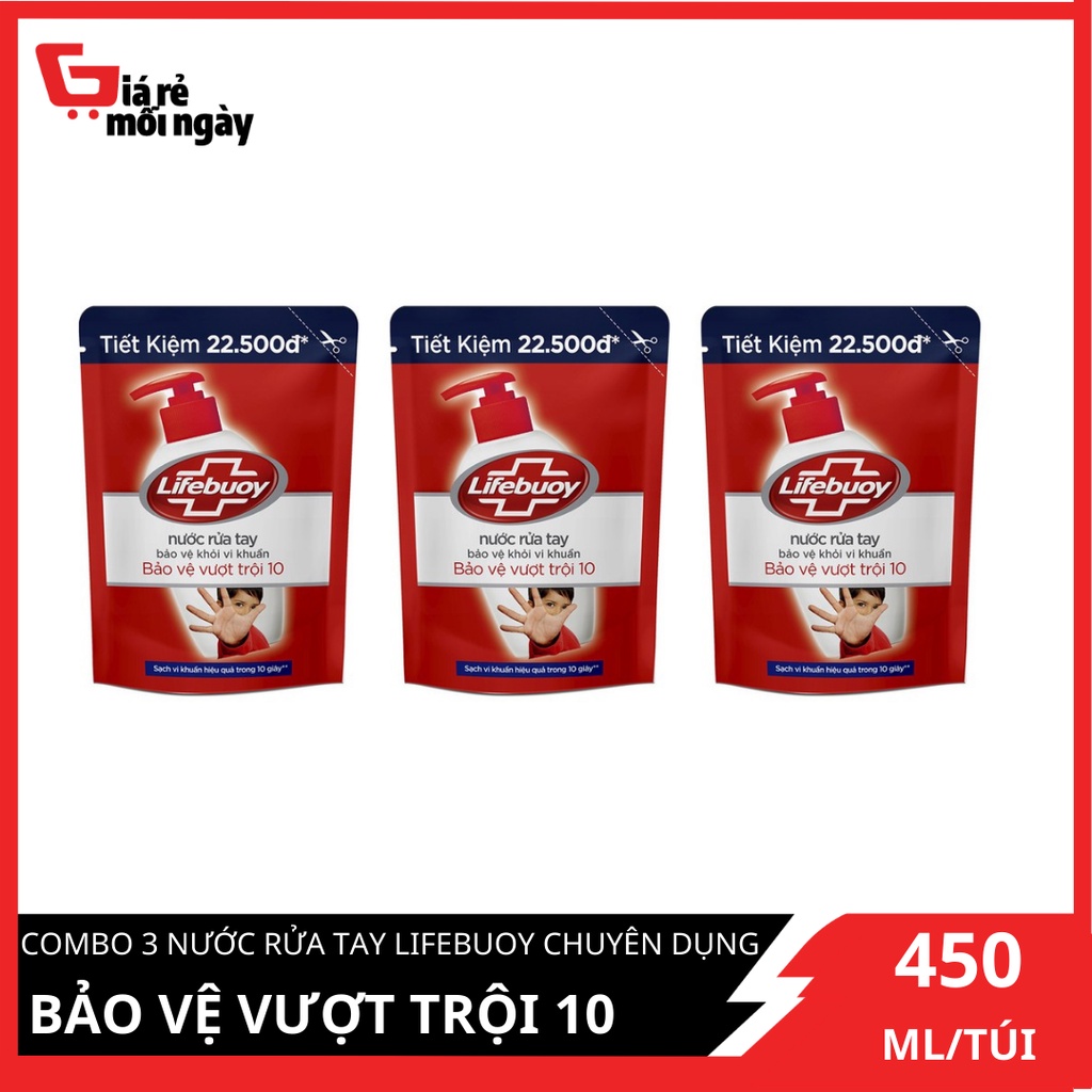 COMBO 3 túi Nước rửa tay Lifebuoy Bảo vệ vượt trội 10 (Đỏ) 450gX3