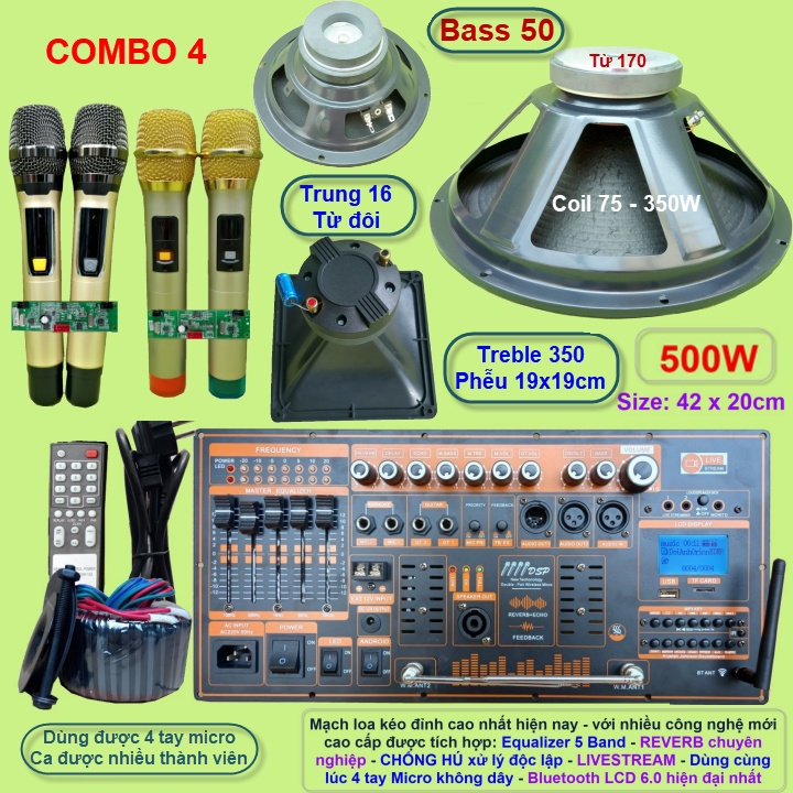 Mạch loa kéo 5 tấc đơn 500W Reverb chống hú DSP Livestream Equalizer 5 Band  kèm 4 tay Micro