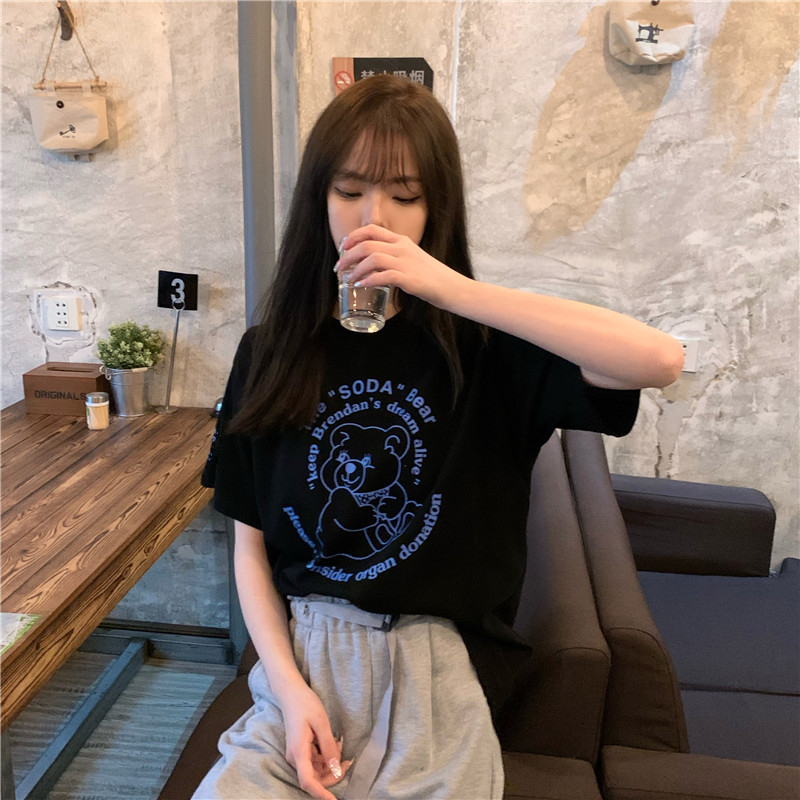 Áo thun ngắn tay dáng rộng in hình gấu thiết kế thời trang cá tính cho nữ