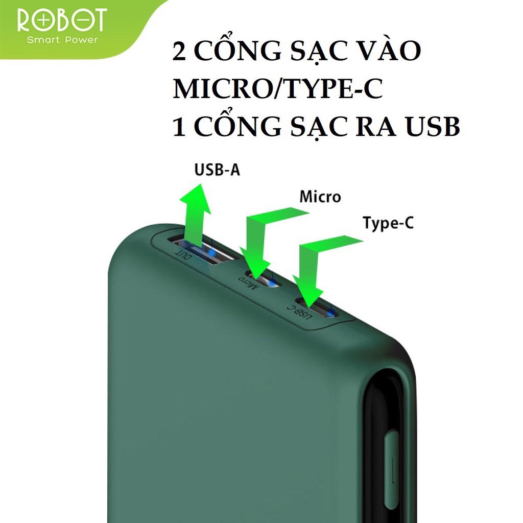 Pin sạc dự phòng 10000mAh ROBOT RT180 thiết kế nhỏ gọn 1 cổng USB và 1 cổng Micro/Type-C tặng dây sạc Micro - Chính hãng
