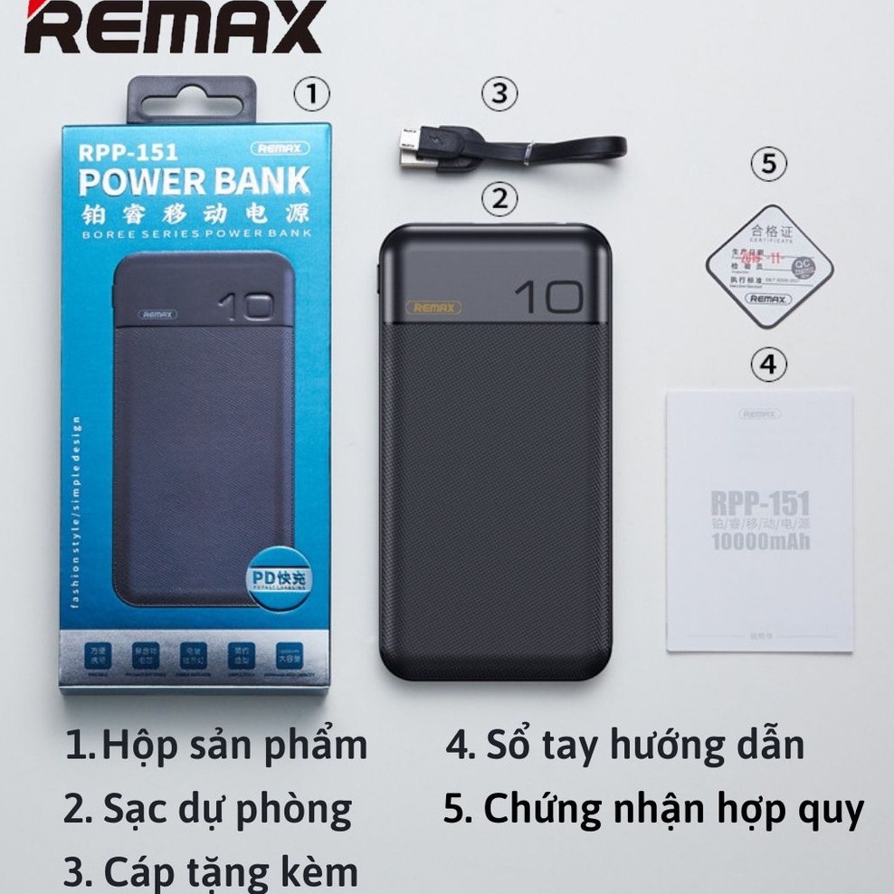 Sạc dự phòng QC3.0 Remax 10000mAh Boree Series RPP-151 (Sạc Nhanh QC3.0, PD 18W) 2 Cổng Sạc Vào, 1 Cổng Sạc Ra, Màn Hình