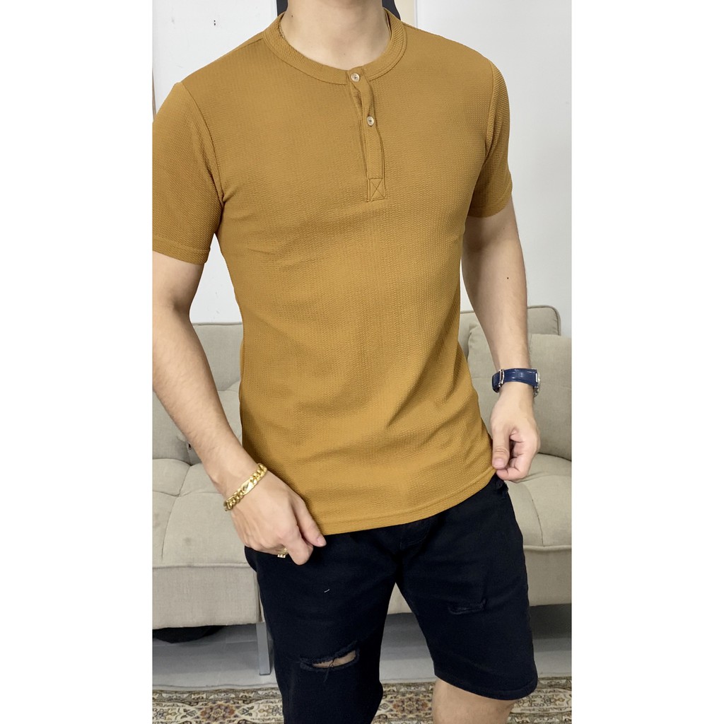 ÁO THUN NAM CỔ TÀU COTTON TỔ ONG 4 MÀU AT3T01- HENLAY 3CUC