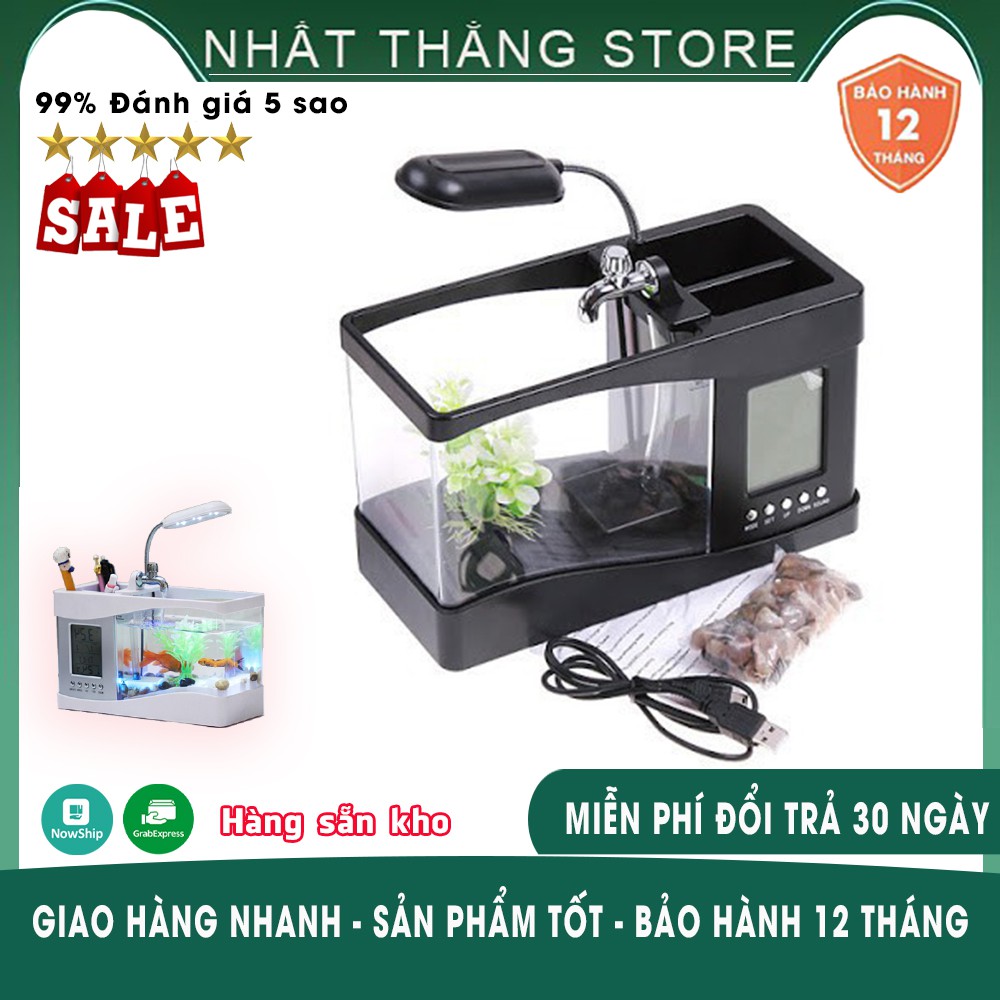 Bể Cá Mini, hồ cá cảnh để bàn kiêm đồng hồ - Siêu Đẹp + Tặng Kèm Đá Và Cây Cảnh