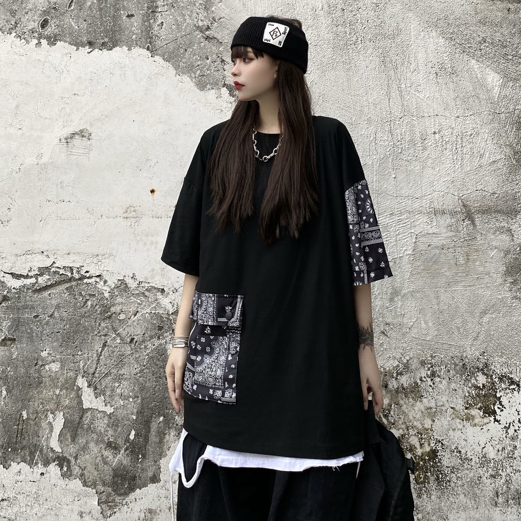Áo Thun Phối Túi Lớn Họa Tiết Hoa Xinh Xắn Thời Trang 191901Áo Thun Tay Ngắn Dáng Rộng Phong Cách Harajuku Retro Cho Nam Nữ