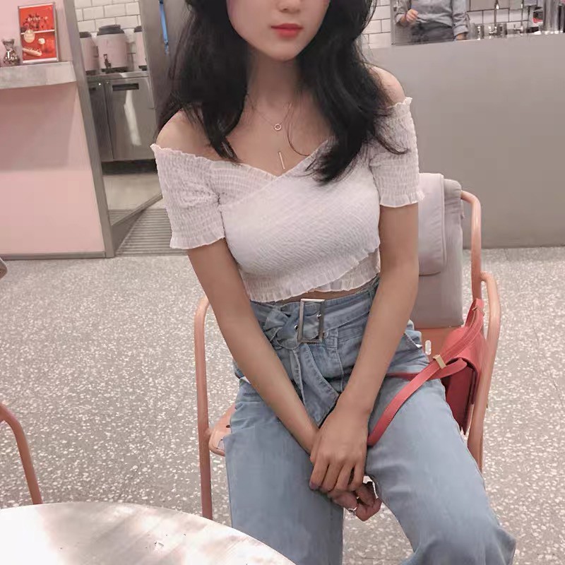 rose blackpink Áo croptop trễ vai thiết kế ngực đắp chéo co giãn phong cách thời trang cho nữ