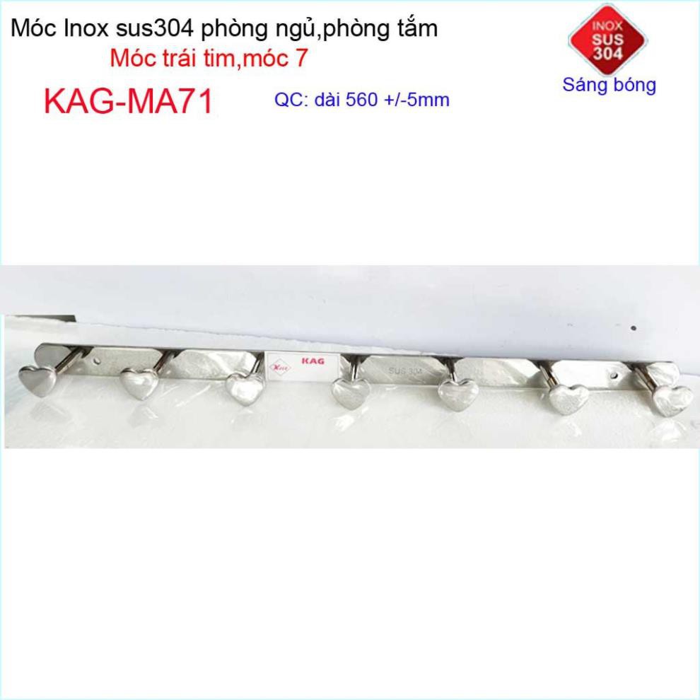 Móc treo quần áo inox 304 cao cấp dày, móc tim Kace 7 móc treo đồ nhà tắm KAG-MA71