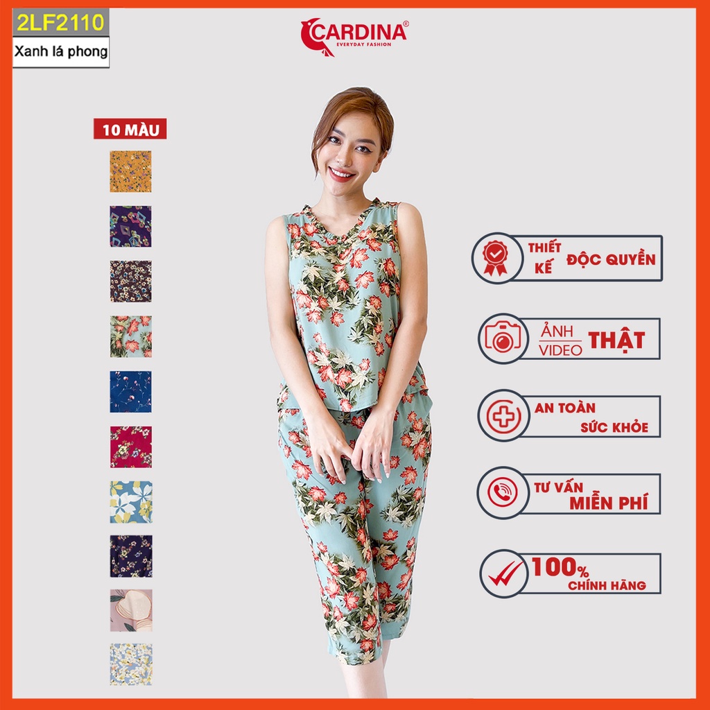 Đồ bộ nữ CARDINA chất lanh tre Nhật cao cấp quần lửng áo sát nách cổ bèo họa tiết tinh tế 2LF21