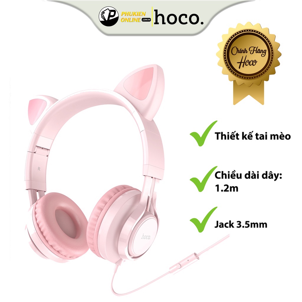 Tai Nghe Chụp Hoco W36, Tích Hợp Micro Đầu Cắm 3.5mm, Hình Tai Mèo Dễ Thương, Âm Thanh Chân Thực, Cam Kết Chính Hãng