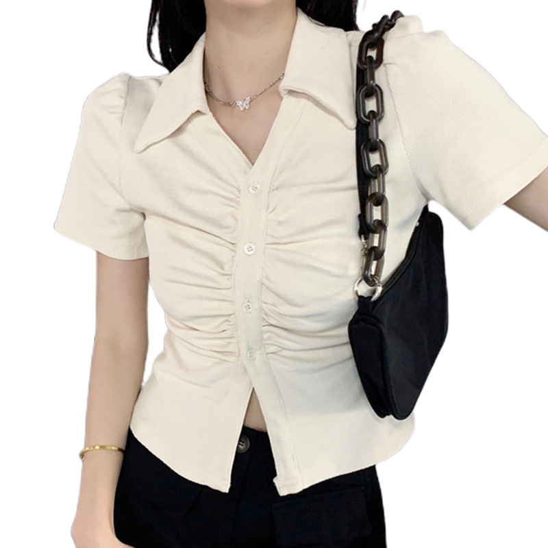 Áo Kiểu Tay Ngắn Cổ Chữ V Xếp Ly Dáng Ôm Phong Cách Pháp Thời Trang Mùa Hè Xinh Xắn Cho Nữ