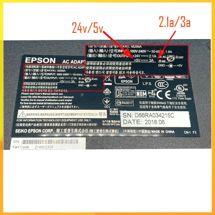 [Mã 267ELSALE hoàn 7% đơn 300K] Bộ đổi nguồn máy in Epson 24v 2.1a 5v 3a