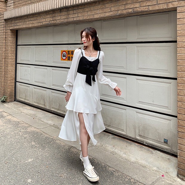 [C259] Set váy tầng trắng mix áo yếm hai dây ullzang - Set váy ullzang 2 lớp voan thô mát mix áo yếm đen bắt trend