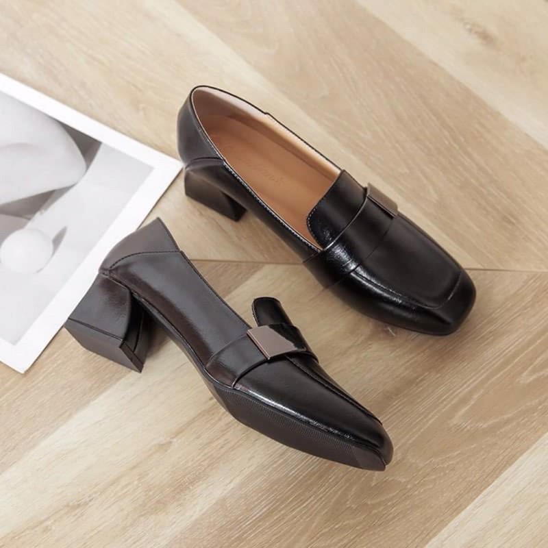 GIÀY DA MỀM 5P KHUY VUÔNG | TRẮNG NÂU ĐEN