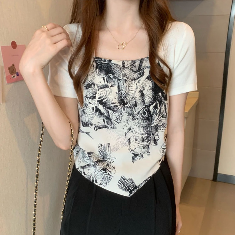 Áo Thun Tay Ngắn Giả Hai Lớp Phong Cách Năng Động 165045 Áo Croptop Cổ Vuông Thiết Kế Độc Đáo Thời Trang